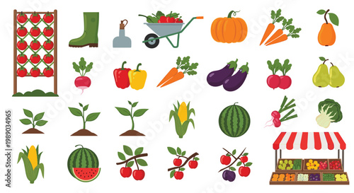 Comprehensive collection of fresh garden vegetables, fruits, gardening tools, and a traditional market stall stand.