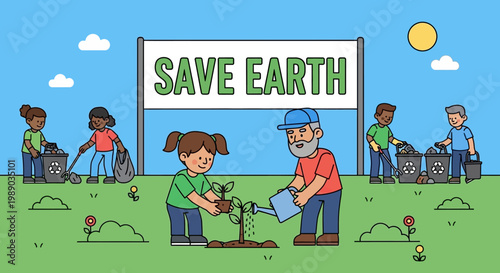 Grandfather and granddaughter planting a tree together, symbolizing environmental care.