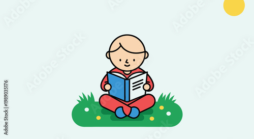 Boy sitting cross-legged reading book.