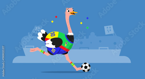 Ostrich playing soccer in a colorful jersey.