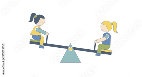 Two girls sitting on a seesaw.