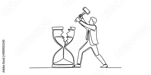 Continuous line drawing of a businessman using a heavy hammer to break a glass hourglass object. Vector, illustration
