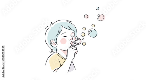 Child Blowing Bubbles With Wand.