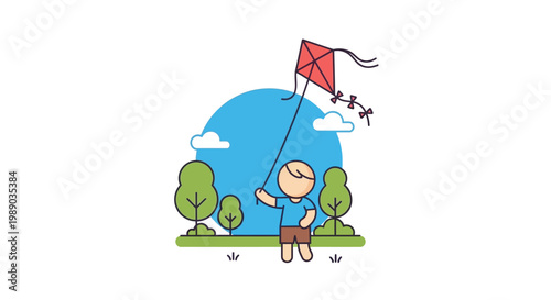 Boy flying red kite outdoors.