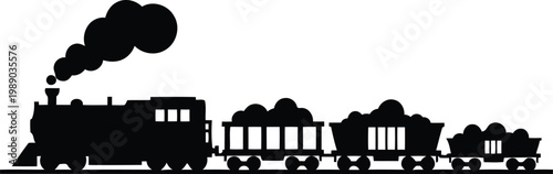 black silhouette of a steam train with coal cars on a white background for design and decoration