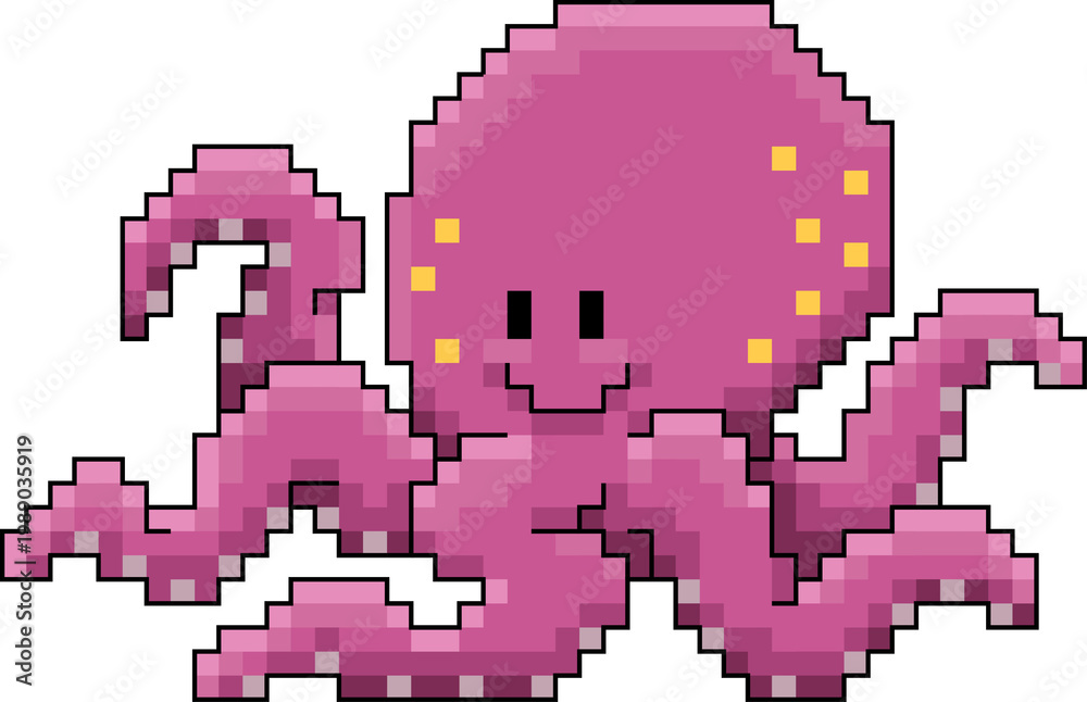 Fototapeta premium Pixel Art Cute Octopus Cartoon Retro 8 Bit Sea Creature