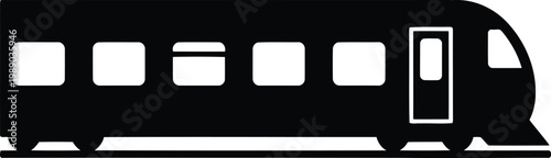 black silhouette of a modern train or bus with windows and door, side view, transportation icon