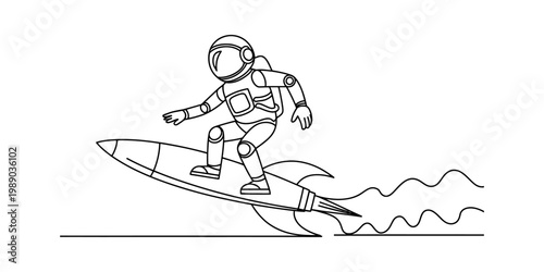 A fun black and white line art illustration of an astronaut surfing on a rocket in outer space Vector, illustration