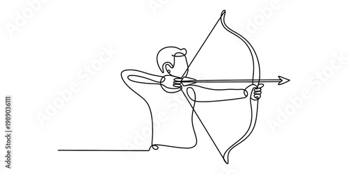 Minimalist continuous line art illustration of an archer aiming with a bow and arrow in profile Vector, illustration