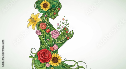 A stylized illustration of a woman's silhouette formed entirely from vibrant flowers and lush green leaves, with a halo of blossoms.