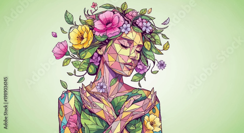 A stylized illustration of a woman's silhouette formed entirely from vibrant flowers and lush green leaves, with a halo of blossoms.