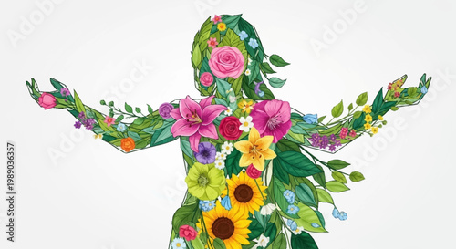 A stylized illustration of a woman's silhouette formed entirely from vibrant flowers and lush green leaves, with a halo of blossoms.