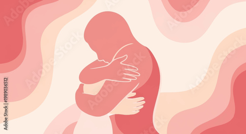 A person is hugging themselves tightly, with a warm, abstract background in shades of pink and red.