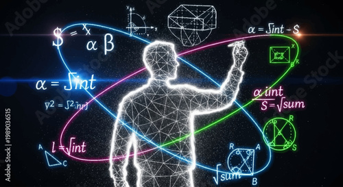 A glowing digital representation of a person surrounded by complex mathematical equations and geometric shapes, symbolizing learning and scientific discovery.