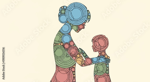 Abstract illustration of a mother embracing her child, composed of colorful concentric circles.
