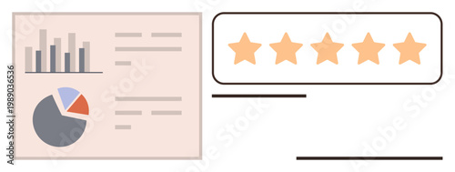 Data analysis, customer feedback, marketing performance, statistics, customer service, quality assurance. Bar chart, pie chart and five-star rating visuals. Data analysis and customer feedback