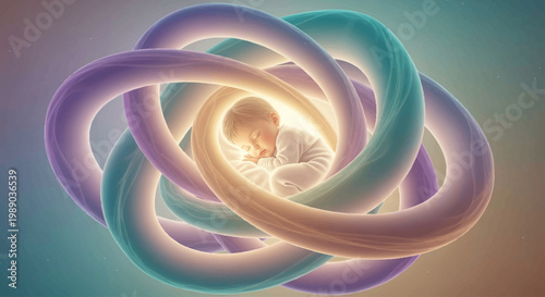 A serene baby sleeps peacefully cradled within a luminous, interwoven knot of colorful, glowing strands.