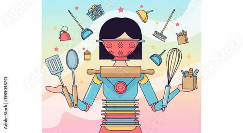 A stylized robot with kitchen utensils and cleaning tools, representing multitasking and domestic efficiency.