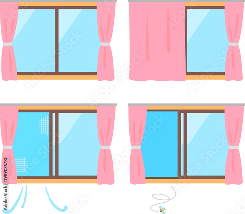 閉じた窓と開いた窓と網戸のイラストセット