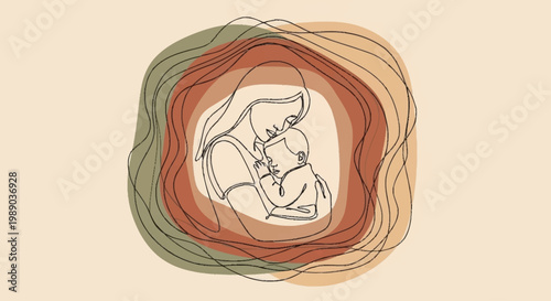 A minimalist line art illustration depicting a mother tenderly holding her baby, surrounded by abstract, organic shapes in earthy tones.