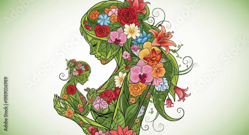 A beautiful artistic illustration of a mother and child formed entirely from lush green leaves and vibrant blooming flowers, symbolizing nature's embrace and maternal love.