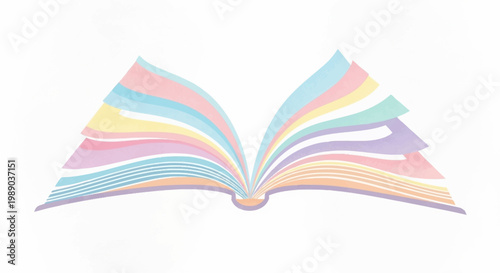 An open book with colorful pages fanning out, symbolizing knowledge and imagination.