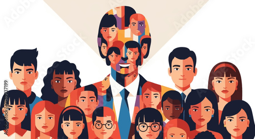 A diverse group of people with a central figure representing unity and diversity, illustrated in a vibrant, modern style.