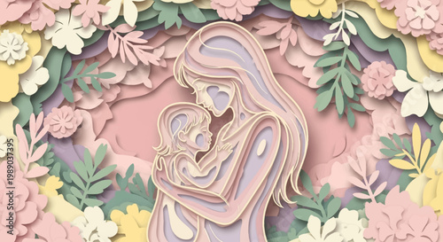 A paper-cut illustration of a mother embracing her child, surrounded by delicate pastel flowers and leaves, celebrating maternal love and springtime.