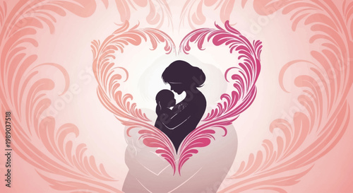 Silhouette of a loving mother embracing her baby within an ornate heart shape, symbolizing maternal love and family bond.