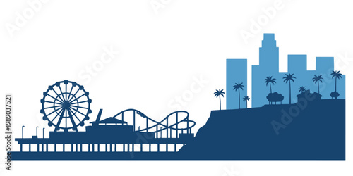 Foto Santa Monica Pier and Los Angeles City Skyline Silhouette Vector Illustration