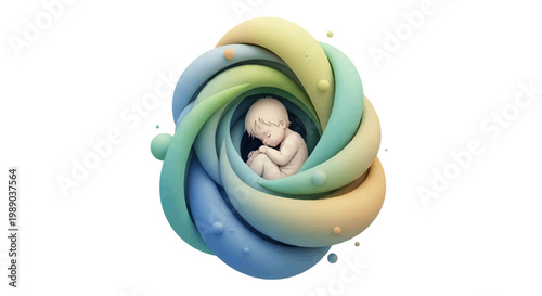 Fetus or embryo cradled within a soft, pastel-colored abstract swirling shape, symbolizing protection and new life.