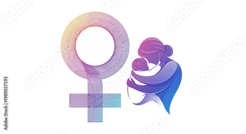 Stylized illustration of a female symbol next to a mother embracing her baby, representing womanhood and maternal care.
