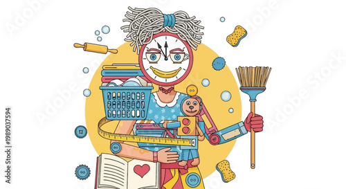 A detailed illustration of a busy homemaker with a clock face, juggling various household chores and items like laundry, a broom, and a teddy bear.