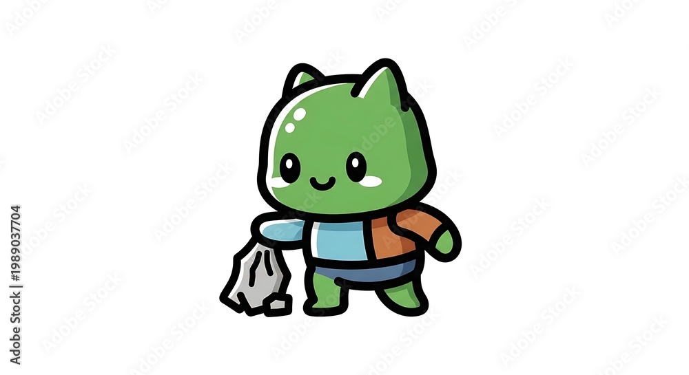 Obraz premium Eco-Friendly Cartoon Character: An endearing animated character, diligently collects trash, a heartwarming symbol of environmental stewardship.