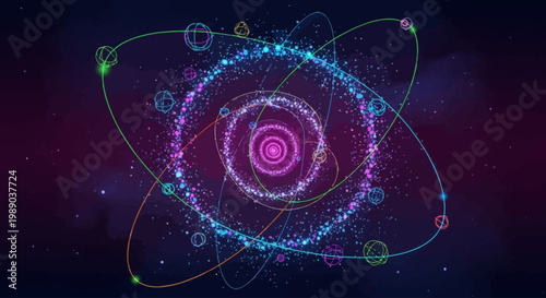 A vibrant, abstract depiction of an atom with glowing particles orbiting a central nucleus, showcasing a complex scientific structure.