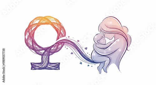 A stylized illustration depicts the female symbol connected to a mother holding her baby, symbolizing motherhood and femininity.