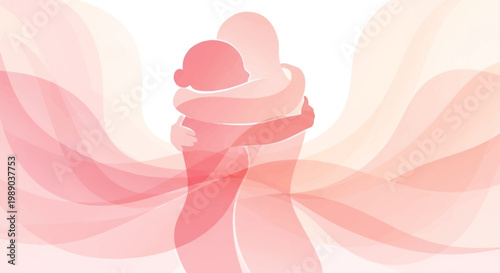 Stylized illustration of a parent and child embracing with warm, flowing pink and red tones, symbolizing love and comfort.