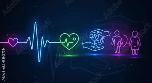 Neon glowing health and life insurance concept with heart, pulse, and family protection icons.