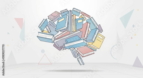 A stylized illustration of a human brain formed by a pile of colorful books, symbolizing knowledge and learning.
