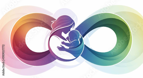 A mother holding her baby within a colorful infinity symbol, representing eternal love and connection.