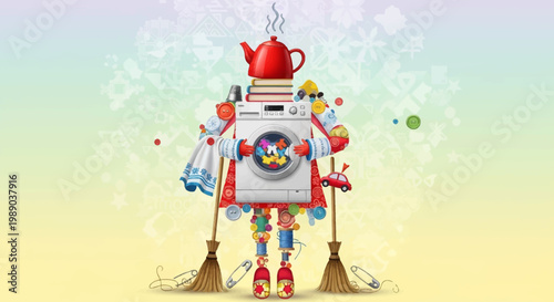 A whimsical robot figure constructed from household appliances and cleaning tools, set against a soft gradient background with snowflake patterns.