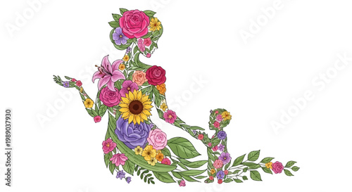 A beautiful illustration of a mother and child formed entirely from vibrant, colorful flowers and lush green leaves.