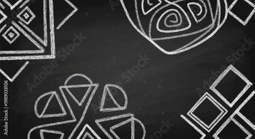 Abstract geometric patterns drawn in white chalk on a dark blackboard surface.