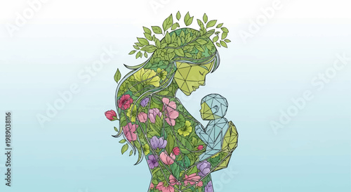 A stylized illustration of Mother Earth holding a baby, adorned with leaves and flowers, symbolizing nurturing and growth.