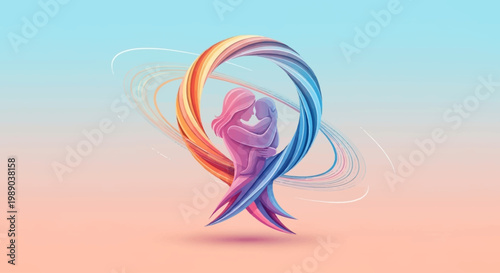 A stylized ribbon forms a loop around a mother and child embracing, symbolizing love and connection.