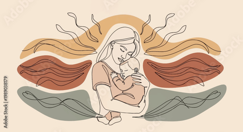 A minimalist line art illustration of a mother tenderly holding her baby, surrounded by abstract organic shapes and sun-like rays.