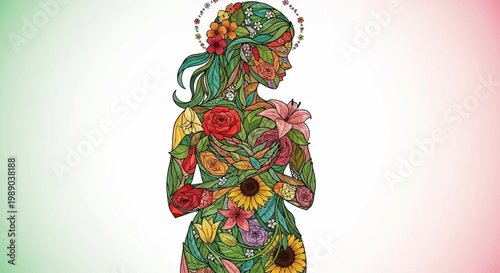 A stylized illustration of a woman's silhouette formed entirely from vibrant flowers and lush green leaves, with a halo of blossoms.