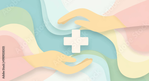 Two gentle hands cradling a white plus sign against a pastel, wavy background.
