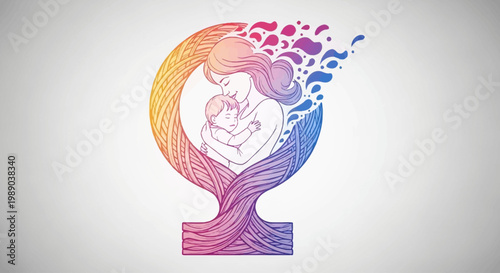 A stylized illustration depicts a mother tenderly holding her baby within the symbol of Venus, with vibrant colors flowing outwards.