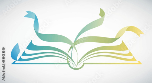 An open book with colorful ribbons flowing upwards, symbolizing knowledge and creativity.